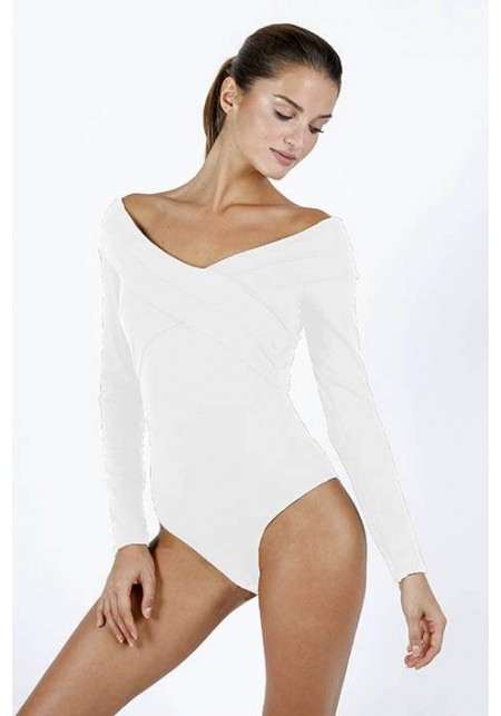 Bodysuit in white with long sleeves and V-neckline (Camille)