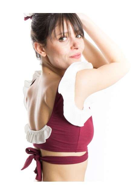 TOP MELISSANDRE Bikini top in burgundy and white waffled with ruffles -  Maillot de bain prix doux