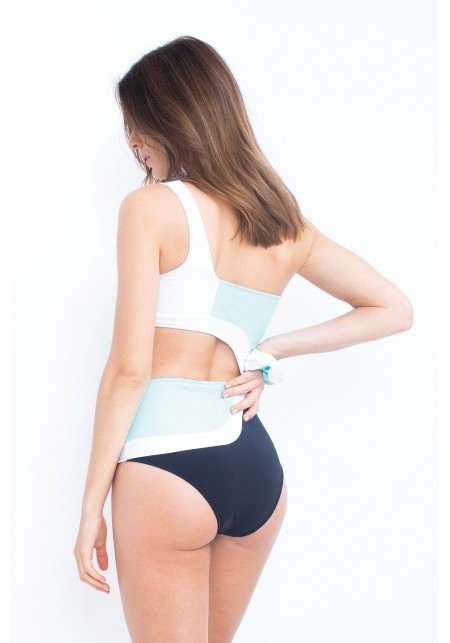 INES One-piece swimsuit in black, turquoise and white  -  Maillot de bain prix doux