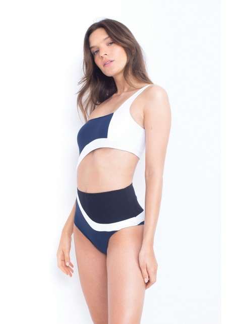 INES One-piece swimsuit in black, turquoise and white  -  Maillot de bain prix doux