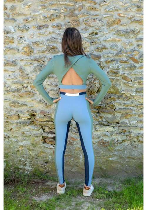 AMBRE Long-sleeved khaki and azure crop-top -  OUTLET SPORT