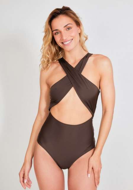 CHLOE Swimsuit 1 piece brown crossed straps -  Swimwear