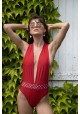 CESAR 1-piece red swimsuit/white polka dot belt with plunging neckline and bare back -  One-piece swimsuit